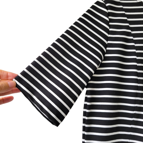 Anne Klein Black & White Stripeed Blouse Fitted Exposed Zip Elbow Sleeve Size LP - Picture 8 of 14